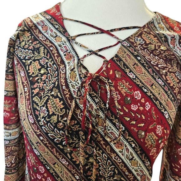 Y2K Womens 8 Dark Floral Midi Dress Dark‎ Red Tan Laceup Whimsigoth Boho Chiffon - Picture 4 of 11